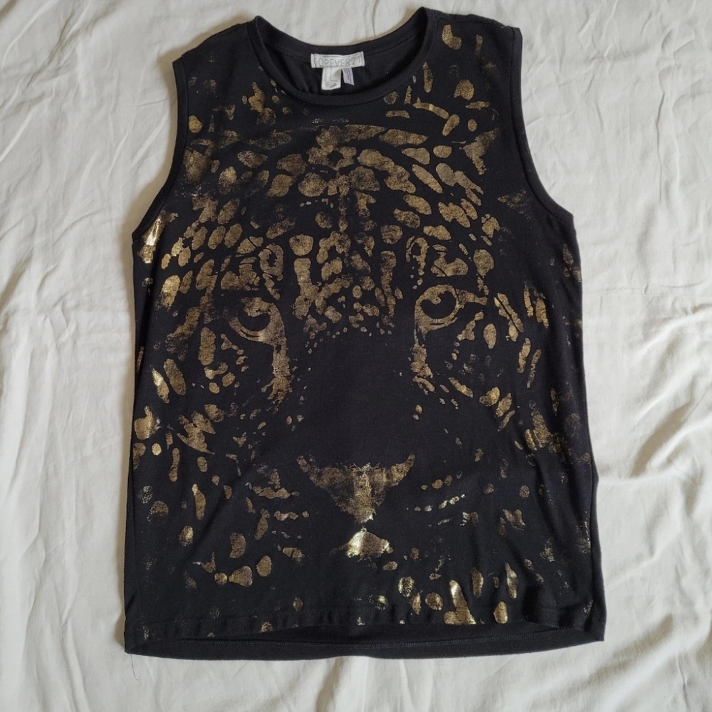 Forever 21 Black Tank Top with Gold Leopard Design